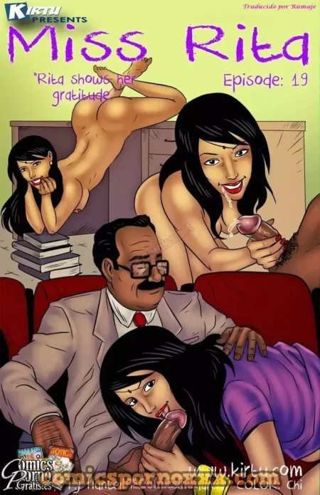 Tres mujeres morenas practicando sexo oral y masturbación a un hombre mayor con traje y gafas en Miss Rita episodio 19.