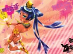Mujer anime de piel bronceada y pelo azul, semi desnuda con joyas doradas, sosteniendo un cetro sobre fondo rosa brillante.