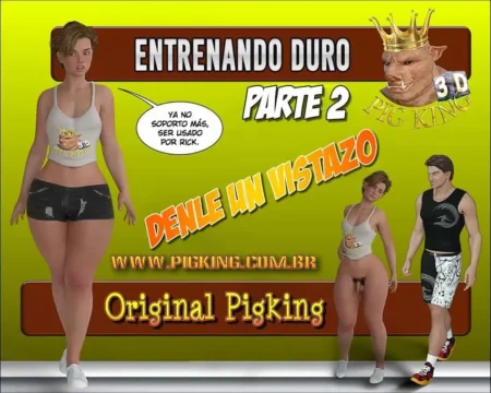 Mujeres con shorts cortos y tops ajustados posando junto a un hombre en la portada de Entrenando Duro 2 de Pig King.