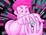 Gigante musculoso rosa sostiene a una pequeña mujer rubia entre sus dedos en Steven Universe Fervor Parte 2.