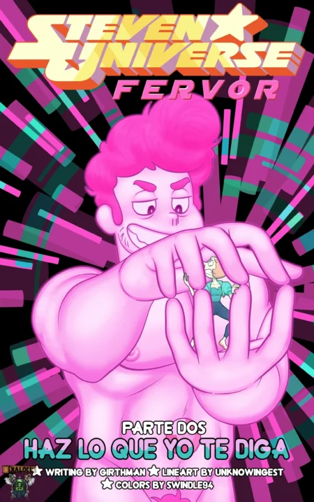 Gigante musculoso rosa sostiene a una pequeña mujer rubia entre sus dedos en Steven Universe Fervor Parte 2.