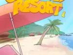 Portada de Crashed Resort con playa tropical, sombrilla rosa, tumbona y arena blanca bajo un sol radiante.