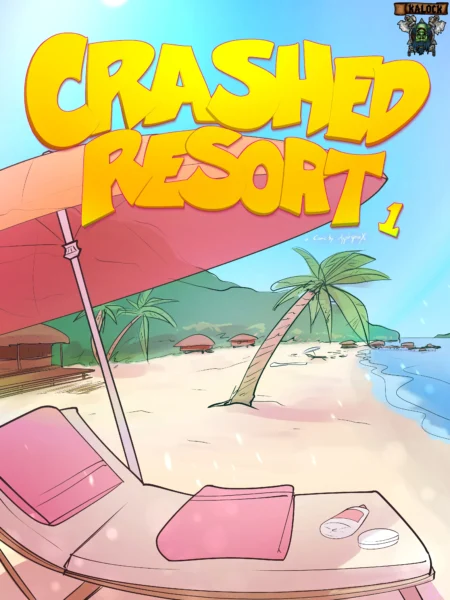 Portada de Crashed Resort con playa tropical, sombrilla rosa, tumbona y arena blanca bajo un sol radiante.
