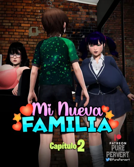 Joven frente a mujer con pechos grandes en uniforme escolar y mujer con escote pronunciado en Mi Nueva Familia Capítulo 2.