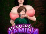 Mujer con pechos gigantes y gafas abraza a un joven mientras lo tapa con la mano en Mi Nueva Familia Capítulo 1.