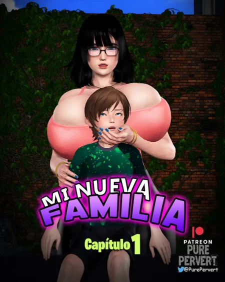 Mujer con pechos gigantes y gafas abraza a un joven mientras lo tapa con la mano en Mi Nueva Familia Capítulo 1.