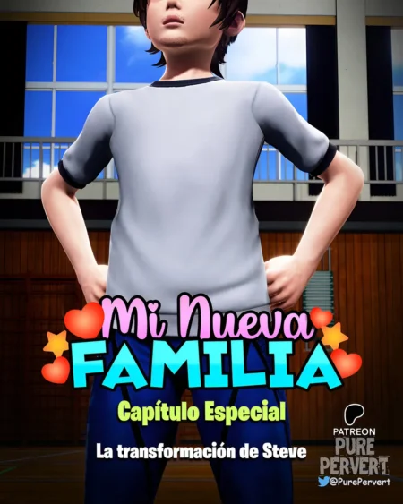 Joven con camiseta blanca y pantalón azul en Mi Nueva Familia Capítulo Especial de Pure Pervert: la transformación de Steve.