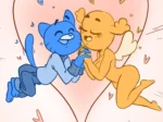 Gato azul y perra naranja desnudos abrazados románticamente dentro de un corazón rojo celebrando su aniversario sexual.