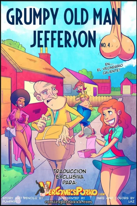 Portada de cómic erótico con un viejo calvo y dos mujeres jóvenes con pechos grandes y ropa provocativa en un vecindario.