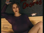 Mujer con suéter morado y vulva expuesta en Immoral Desires 1 de Daval3D, con expresión excitada y manos en sus muslos.