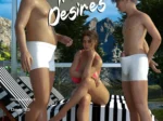 Dos hombres en ropa interior blanca y una mujer en bikini rosa posan eróticos en una terraza frente a las montañas.