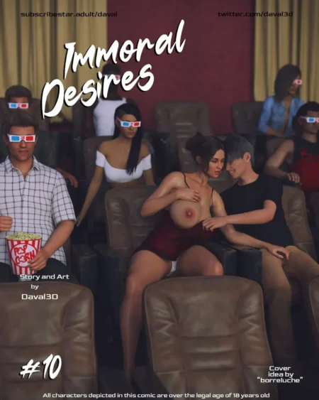 Pareja besándose en el cine mientras él acaricia los pezones expuestos de una mujer con vestido rojo corto y sexy.