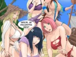 Mujeres de Naruto con bikinis diminutos y pechos enormes rodean a un hombre desnudo en una isla desierta.