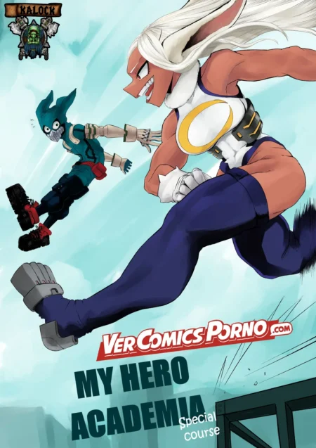 Mirko y Hawks en una escena erótica de My Hero Academia Special Course con poses dinámicas y ropa ajustada provocativa.