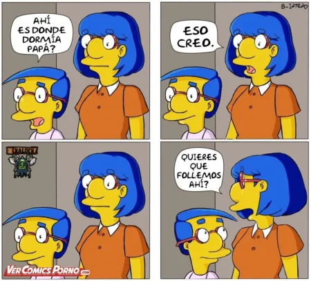 Milhouse y Luann conversan sobre la habitación del padre hasta que ella propone follar ahí mismo.