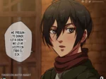 Mikasa Ackerman con mirada lujuriosa deseando un trío sexual explícito con Eren Yeager y Annie Leonhart.