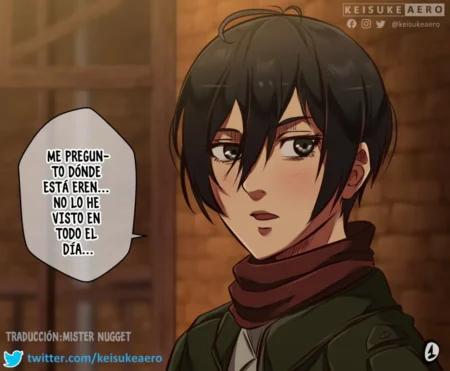 Mikasa Ackerman con mirada lujuriosa deseando un trío sexual explícito con Eren Yeager y Annie Leonhart.