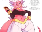 Android 21 come una dona con pechos grandes y curvas pronunciadas luciendo pantalones blancos ajustados y sensuales.