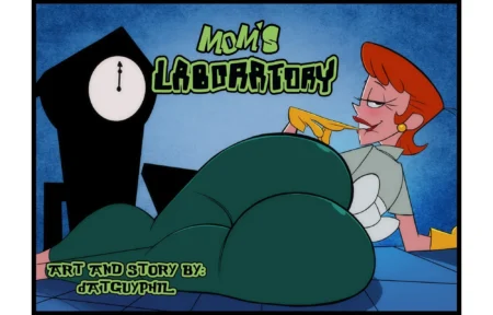 Mujer pelirroja con guantes amarillos exhibiendo sus glúteos gigantes y desnudos en Mom's Laboratory de Datguyphil.