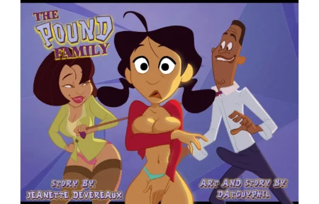 Tres personajes de The Pound Family con una mujer exhibiendo sus pechos desnudos y una tanga pequeña color turquesa.