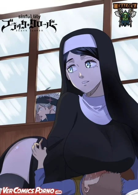 Monja de Black Clover con hábito negro y pecho voluminoso siendo penetrada analmente mientras mira con deseo.