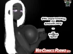 Enderlady de piel oscura y cabello blanco con pechos gigantes desnudos sosteniendo un objeto sobre fondo negro.