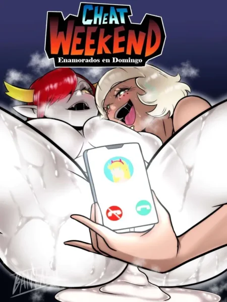 Dos mujeres excitadas con pechos enormes y llenos de leche se abrazan mientras una sostiene un móvil en Cheat Weekend.