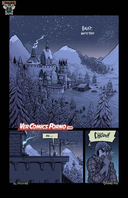 Castillo nevado en Balst White Tree con un hombre estornudando antes de escenas de sexo explícito y erotismo NSFW.