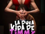 Mujer con busto grande en lencería roja sostiene la cara de un joven mientras lo domina en La Dura Vida de Timmy Parte 1.
