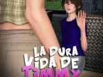 Mujer de pantalones ajustados y camisa a cuadros frente a un joven en camiseta azul que saluda en un sofá.
