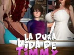 Timmy rodeado de tres mujeres voluptuosas con escotes pronunciados y pechos grandes en La Dura Vida de Timmy Capítulo 8.