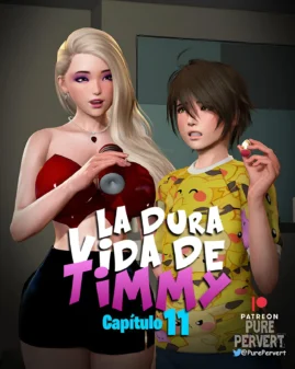 Mujer rubia con pechos grandes y camiseta roja corta junto a Timmy en La Dura Vida de Timmy Capítulo 11.
