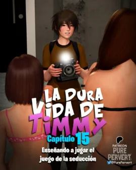 Timmy sostiene una cámara frente a dos mujeres semidesnudas en ropa interior en La Dura Vida de Timmy Capítulo 15.