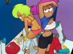 Dos chicas anime eróticas con pechos grandes y ropa interior ajustada posando semi-desnudas en un entorno futurista.