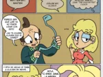 Cómic erótico de The New Babysitter con Rita y Jane, mujeres rubias de pechos grandes y ropa ajustada.
