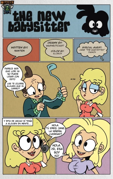 Cómic erótico de The New Babysitter con Rita y Jane, mujeres rubias de pechos grandes y ropa ajustada.