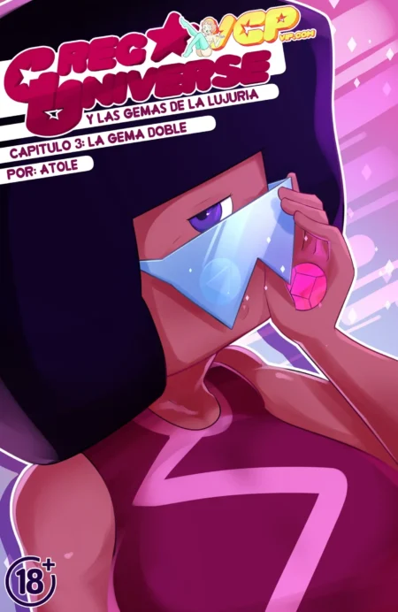 Garnet de Greg Universe y las Gemas de la Lujuria 3 sostiene una gema rosa excitada mientras luce sus gafas brillantes.