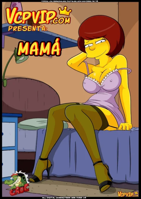 Marge Simpson rubia en lencería morada y medias verdes sentada en la cama con pechos grandes y mirada provocativa.