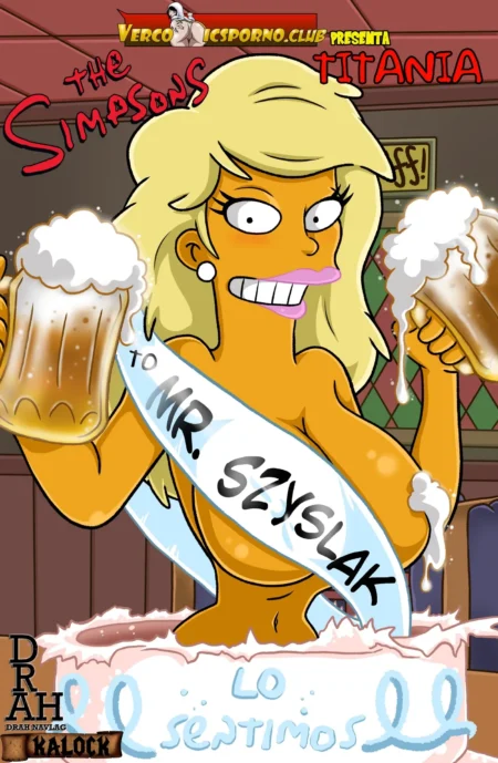 Titania de Los Simpson desnuda con pechos grandes, sosteniendo cervezas y usando una banda para Mr. Szyslak.