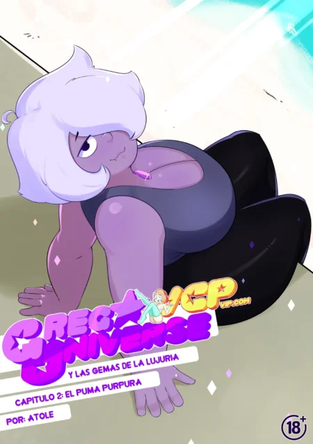 Amatista posando provocativa con escote pronunciado y leggings ajustados en Greg Universe y las Gemas de la Lujuria 2.