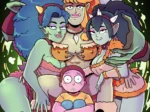 Morty rodeado de mujeres orcas excitadas con pechos grandes y ropa provocativa en Viaje De Placer 4.