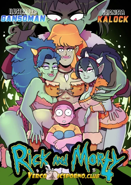 Morty rodeado de mujeres orcas excitadas con pechos grandes y ropa provocativa en Viaje De Placer 4.