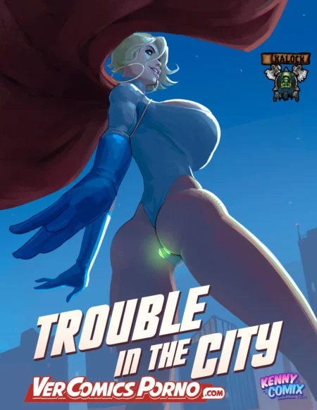 Power Girl de Kennycomix posando eróticamente con traje azul ajustado que resalta sus pechos y vulva marcada.