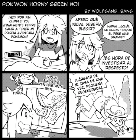 Cómic NSFW de Pokémon Horny Green donde una joven busca el pene más grande viendo pornografía antes de ser expulsada.