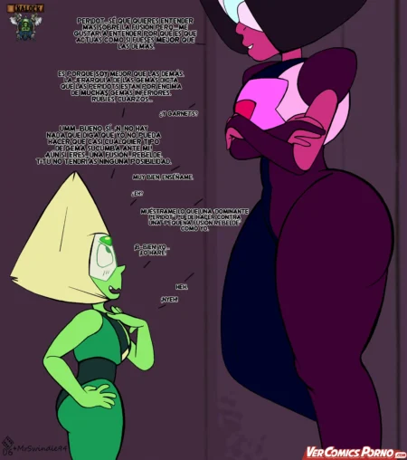 Peridot mira con deseo las enormes curvas y el trasero gigante de una fusión gema mientras hablan de dominación sexual.