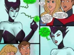 Maléfica desnuda con pechos grandes y pezones rosas seduce y folla a Aurora y al príncipe en un cómic erótico.