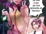 Chica anime con pelo morado, collar y correa genital, sosteniendo un móvil con su versión masculina en ropa formal.