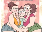 Tres mujeres curvas con gafas abrazando a un hombre, resaltando sus pechos grandes y caderas anchas en ropa ajustada.