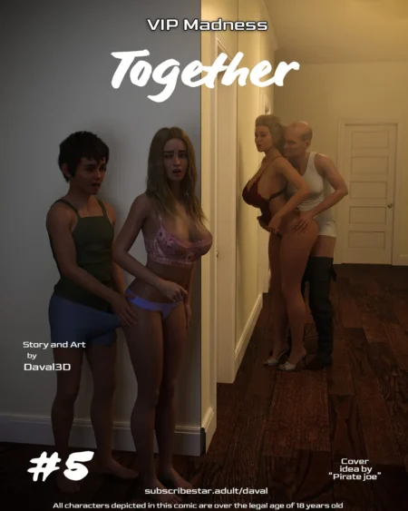 Hombre joven tocando el trasero de mujer en lencería rosa mientras otra pareja se besa eróticamente al fondo del pasillo.