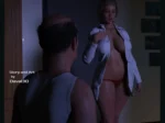 Hombre calvo mira a mujer rubia con bata blanca abierta, pechos expuestos y tanga roja en Together Parte 4 de Daval3d.